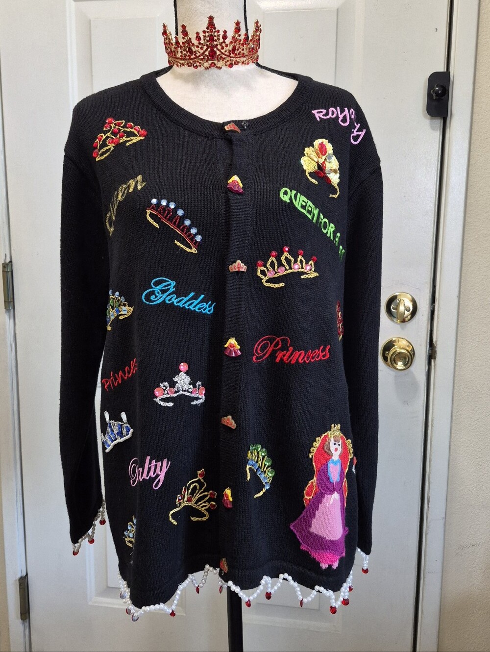 Storybook Knits,  Vintage Cardigan Sweater, Size L & Red Crown Royalty Queen Y2K